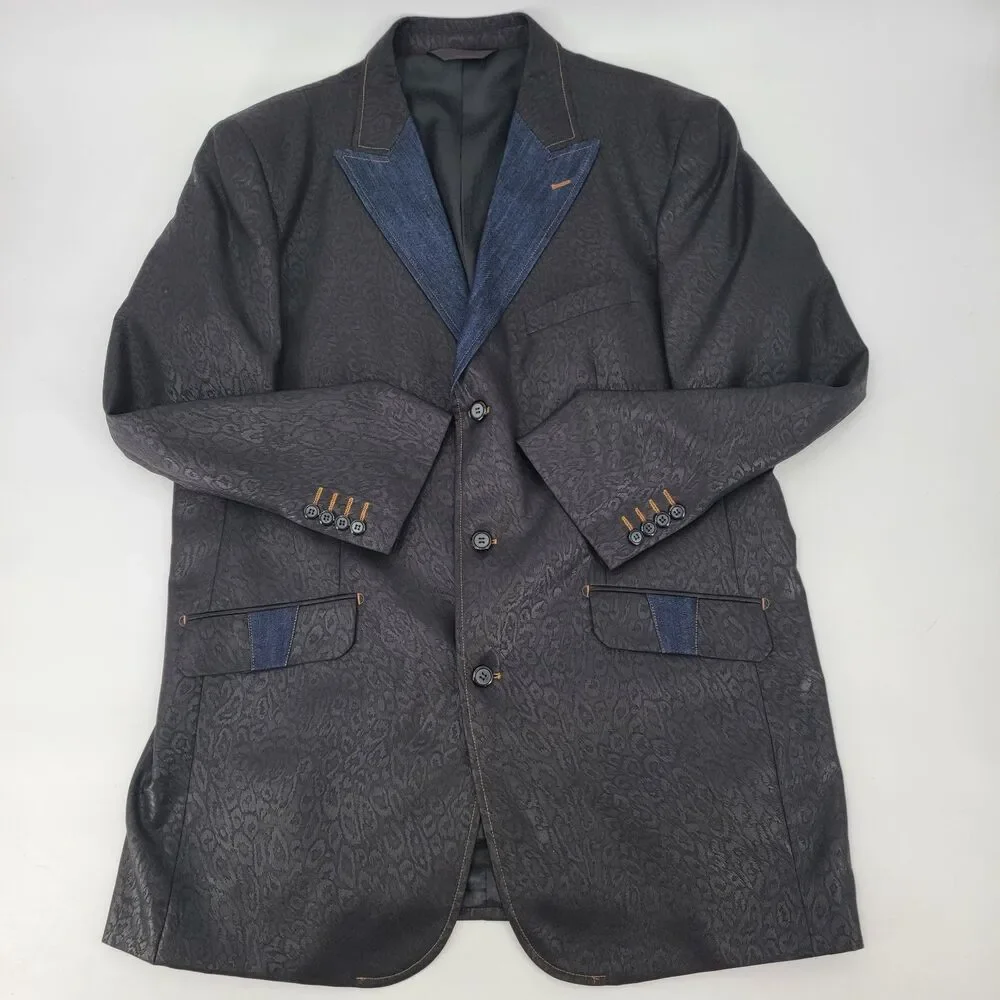 Pallini Mens 44R Black Leopard & Blue Denim Trim Western Style 2-Vent Blazer